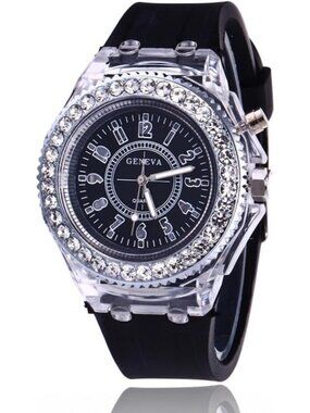 Women's Black Analog Silicone Bling LED Luminous Lights Sport Square Wrist Watch